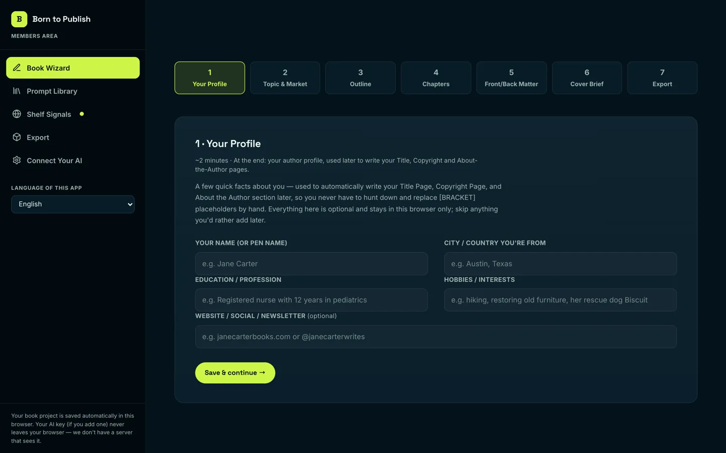 O espaço de trabalho do Born to Publish: uma barra lateral com Assistente do Livro, Biblioteca de Prompts, Sinais de Prateleira, Exportar e Conectar Sua IA, e a trilha de sete estações desde Seu Perfil até Exportar, com a primeira estação aberta